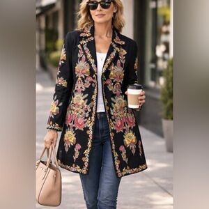 Paparazzi by Biz black cotton twill Floral Embroidered Black Coat size L